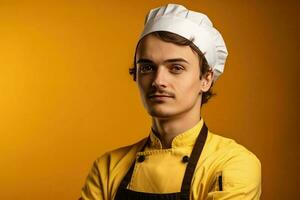 chef in schort Aan een geel geïsoleerd achtergrond, arbeider in uniform, portret van onderhoud Mens foto