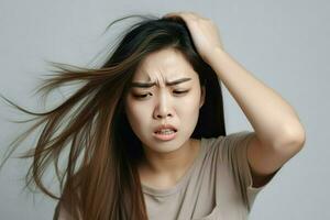 verdrietig jong vrouw met een borstel in haar rommelig haar- en haar- verlies foto