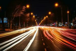 sporen van licht in verkeer gemaakt met generatief ai technologie. foto