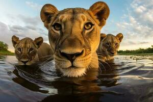 drie leeuwen in water jacht- voor prooi foto