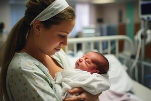 een moeder houdt haar alleen maar geboren baby in haar armen in een ziekenhuis bed gemaakt met generatief ai technologie. foto