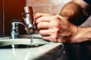 handen van een loodgieter repareren de badkamer gemaakt met generatief ai technologie. foto