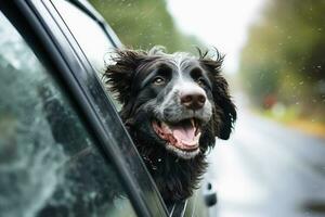 een grappig hond uit van een auto venster gemaakt met generatief ai technologie. foto