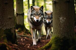 wild wolven in een Woud gemaakt met generatief ai technologie. foto