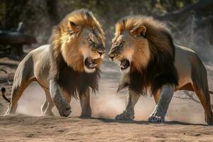 twee sterk mannetje leeuwen vechten gemaakt met generatief ai technologie. foto