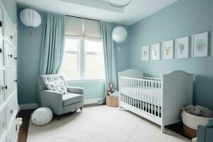 een baby jongen kamer in pastel blauw gemaakt met generatief ai technologie. foto