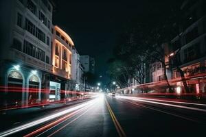 laag hoek straat visie Bij nacht met lang licht trails lang blootstelling gemaakt met generatief ai technologie. foto