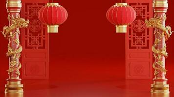 3d renderen illustratie achtergrond voor gelukkig Chinese nieuw jaar 2024 de draak dierenriem teken met rood en goud kleur, bloem, lantaarn, en Aziatisch elementen. foto