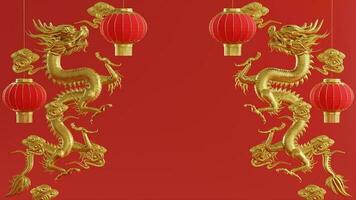 3d renderen illustratie achtergrond voor gelukkig Chinese nieuw jaar 2024 de draak dierenriem teken met rood en goud kleur, bloem, lantaarn, en Aziatisch elementen. foto