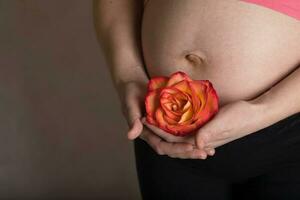 jong zwanger vrouw houdt natuurlijk roos bloesem dichtbij naar haar buik. foto