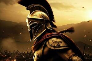 spartaans soldaat Aan slagveld met helm, ai gegenereerd foto