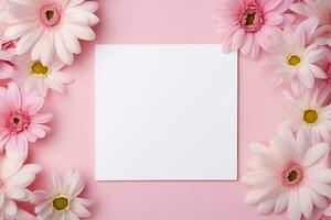bloei roze bloem en wit plein kader creatief lay-out voor reclame kaart of uitnodiging ai gegenereerd foto