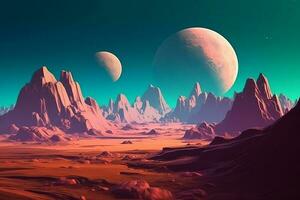 woestijn planeet met bergen en reusachtig maan, ai gegenereerd foto
