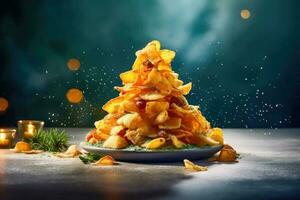 feestelijk Kerstmis boom versierd met chips - uniek vakantie decor - generatief ai foto