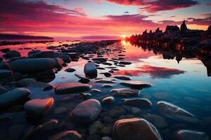 een betoverend zonsondergang achtergrond, markeren zen stenen ondergedompeld in water ai gegenereerd foto