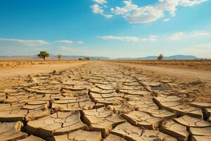 door droogte geteisterd woestijn landschap onthult de gevolg van globaal opwarming ai gegenereerd foto