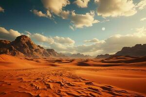 globaal opwarming afgebeeld in een dramatisch woestijn tafereel met dor zand duinen ai gegenereerd foto