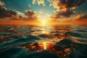 levendig oranje zon creëert boeiend reflecties Aan water en horizon ai gegenereerd foto