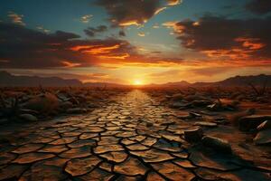 een spookachtig woestijn landschap onder een dramatisch zonsondergang betekent: globaal opwarming ai gegenereerd foto