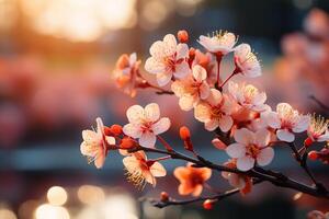 zonovergoten voorjaar bloesems cascade over- een wazig natuur achtergrond, banner-achtig ai gegenereerd foto