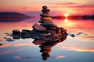 zonsondergang reflecties dans op de zen stenen genesteld in vredig wateren ai gegenereerd foto