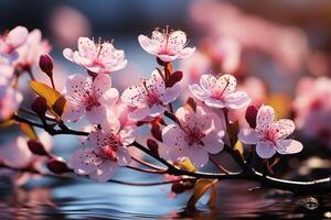 zonovergoten voorjaar bloesems cascade over- een wazig natuur achtergrond, banner-achtig ai gegenereerd foto