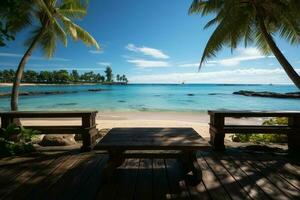 perfecte foto vakantie tafereel, strand, houten platform, palm bomen, azuur wateren ai gegenereerd