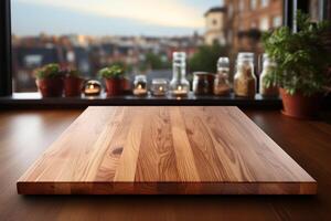 ideaal voor Product wordt weergegeven of sleutel beelden, hout tafel Aan wazig keuken achtergrond ai gegenereerd foto