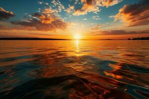 een stralend oranje zon afgietsels betoverend reflecties Aan de water en horizon ai gegenereerd foto