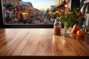 montagevriendelijk hout tafel top met een wazig keuken kamer achtergrond ai gegenereerd foto