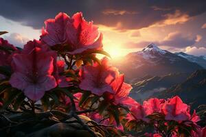rododendron bloei creëren een verbijsterend tapijtwerk in de zonsondergang berglandschap ai gegenereerd foto