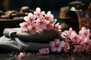 een voorkant visie van rustig welzijn sfeer, spa stenen, roze bloemen, handdoeken ai gegenereerd foto
