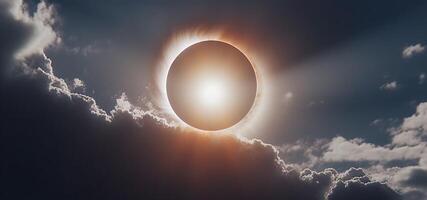 hemel- schouwspel, zonne- verduistering gesluierd door etherisch wolken en zon gloed ai gegenereerd foto