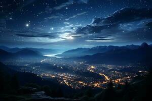 stad lichten flikkering onder het schieten sterren in de bergachtig nacht ai gegenereerd foto