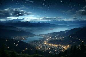 stad lichten flikkering onder het schieten sterren in de bergachtig nacht ai gegenereerd foto