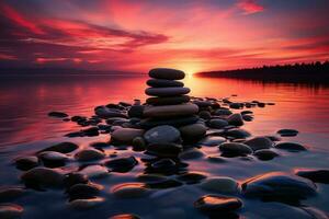 rustgevend wateren wieg zen stenen temidden van een adembenemend zonsondergang ai gegenereerd foto