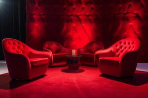 upscale evenementenlocatie verbeterd door de aanwezigheid van levendig rood fauteuils ai gegenereerd foto