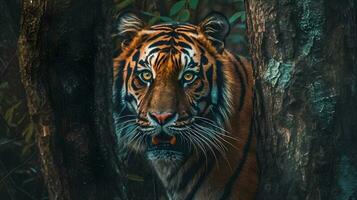 dichtbij omhoog van een onstuimig en woest tijger in een Woud gegenereerd ai foto