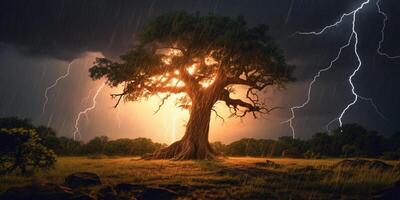 bliksem in boom, stormachtig weer en natuurlijk ramp, ai gegenereerd foto