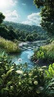 sereen natuur tafereel achtergrond fabriek en rivier. ai gegenereerd foto