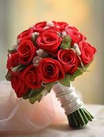 rode roos bloem bruids boeket wazig achtergrond. ai gegenereerd foto