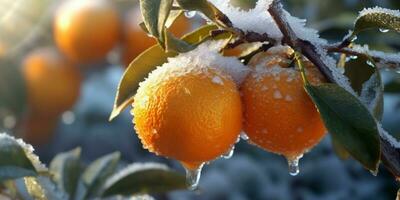 ijs storm bomen en appel fruit bevriezen in winter, ai gegenereerd foto