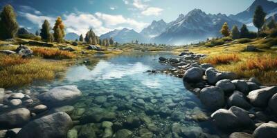 verbijsterend berg en rivier- achtergrond. ai gegenereerd foto