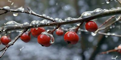 ijs storm bomen en fruit bevriezen in winter, ai gegenereerd foto
