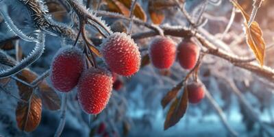 ijs storm bomen en rood fruit bevriezen in winter, ai gegenereerd foto