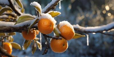 ijs storm bomen en appel fruit bevriezen in winter, ai gegenereerd foto