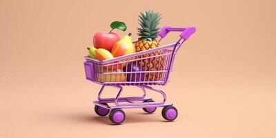 boodschappen doen trolley met fruit in een gemak op te slaan, ai gegenereerd foto