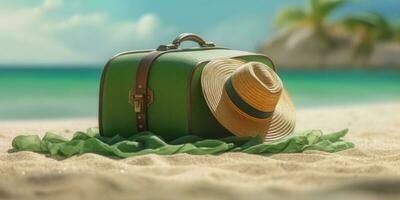 rietje hoed en groen koffer Aan strand zand vakantie achtergrond. ai gegenereerd foto