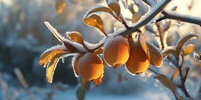 ijs storm bomen en Peer fruit bevriezen in winter, ai gegenereerd foto