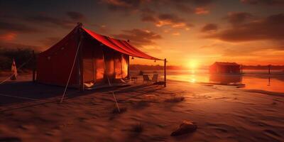 kamp tent Aan strand zand vakantie zonsondergang achtergrond. ai gegenereerd foto